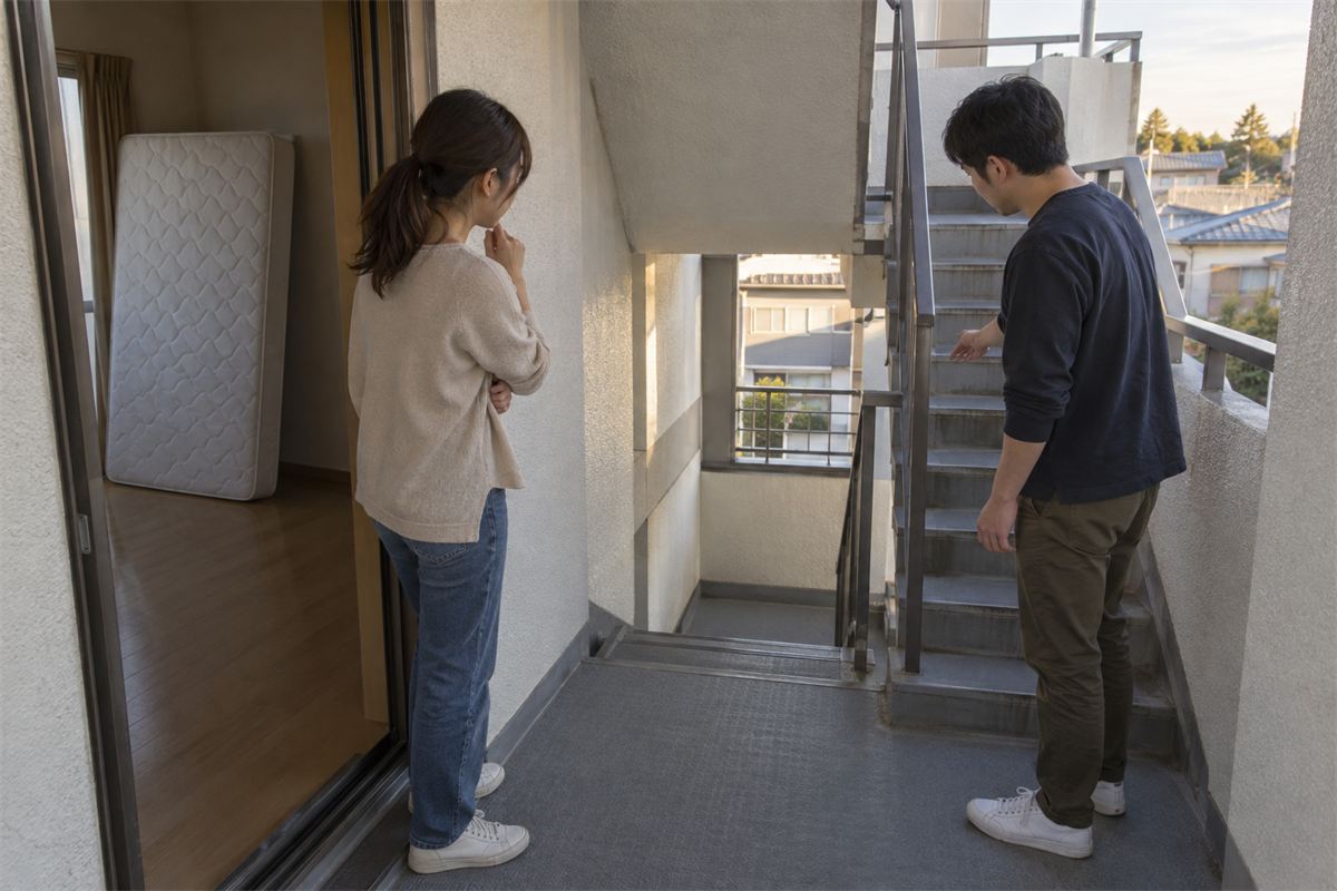 狭い階段でマットレスの搬出経路を確認する様子