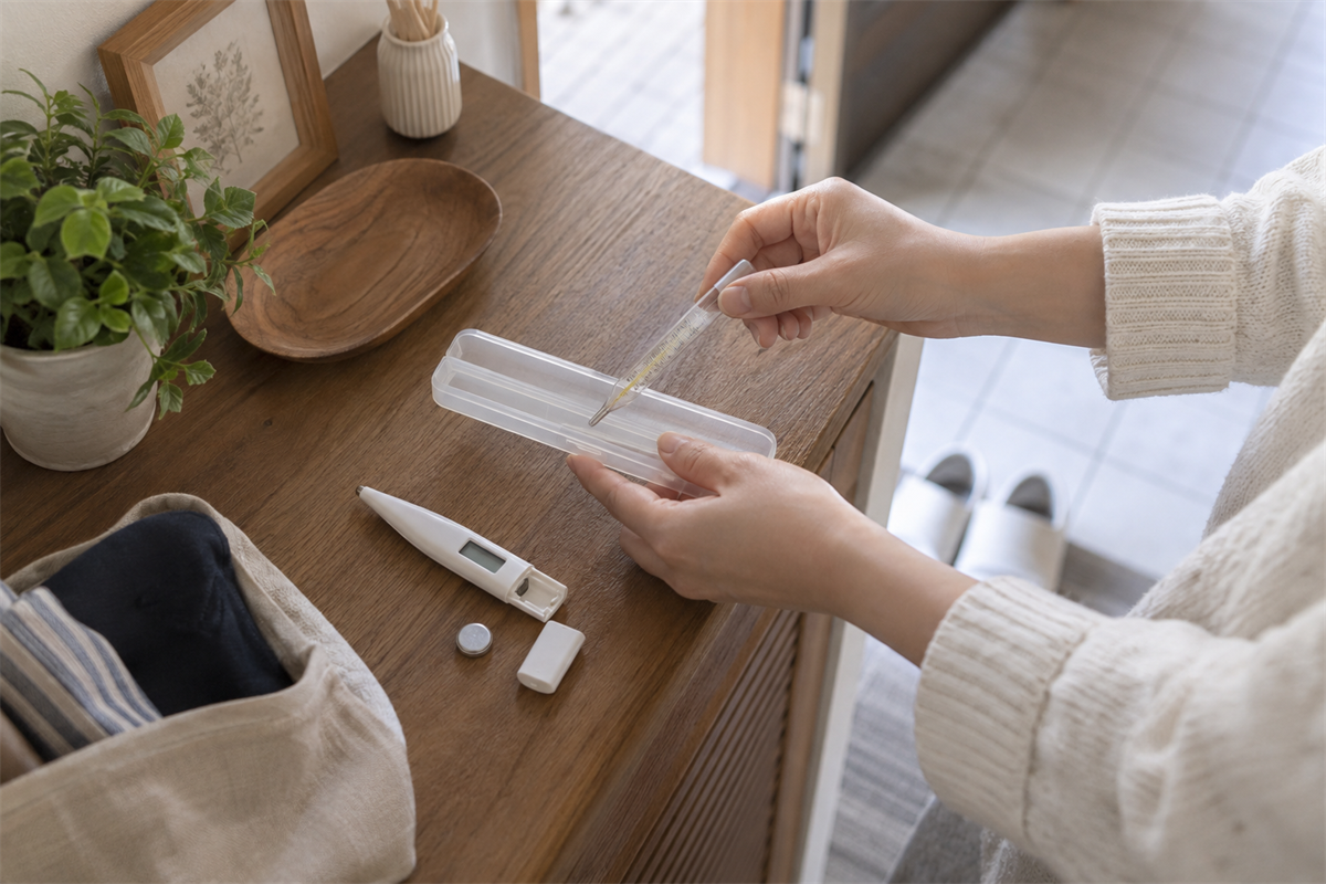 体温計をケースに戻し電池を本体と分けて持ち込み準備をする手元