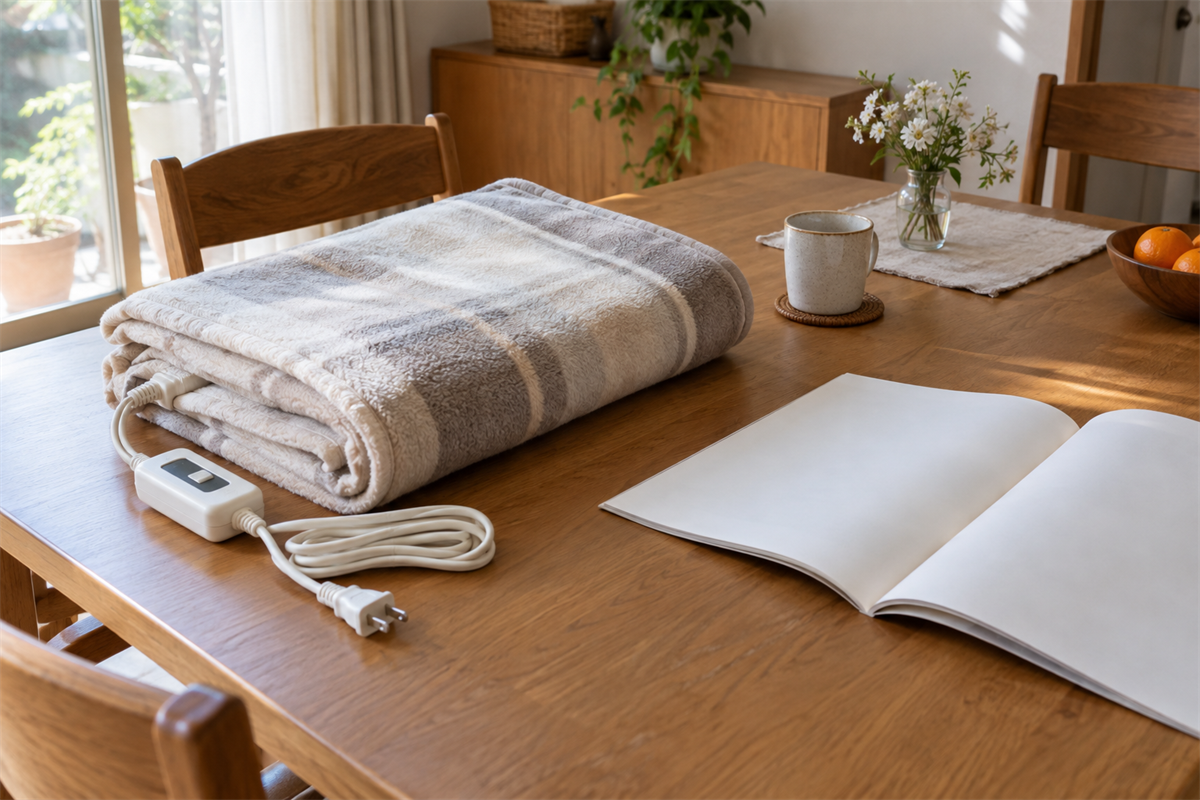 分別ルールブックのそばに置いた電気毛布一式