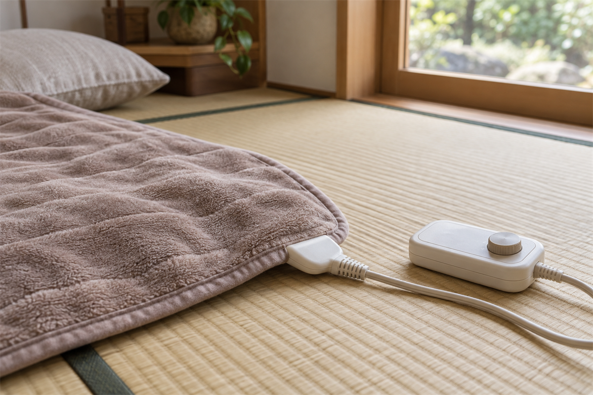 切らずに保った電気毛布のコードとコントローラー