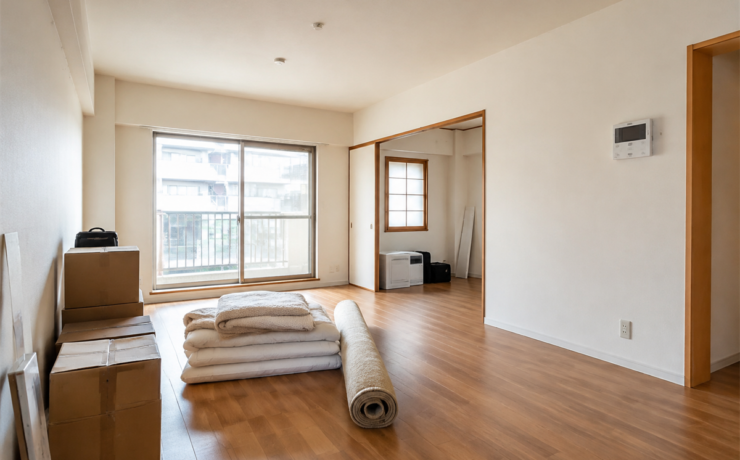 引越し後の部屋に残った折りたたみ布団と丸めたカーペット