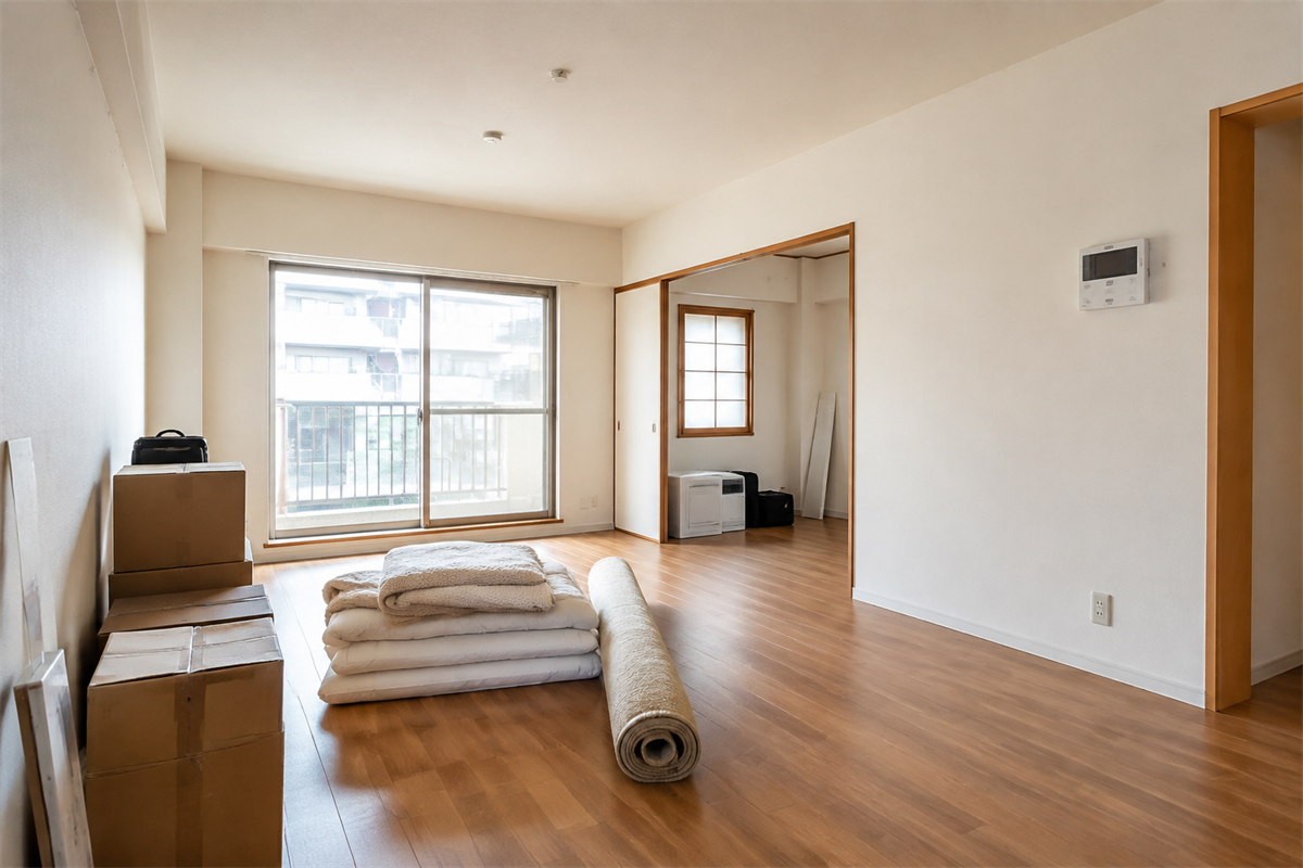 引越し後の部屋に残った折りたたみ布団と丸めたカーペット