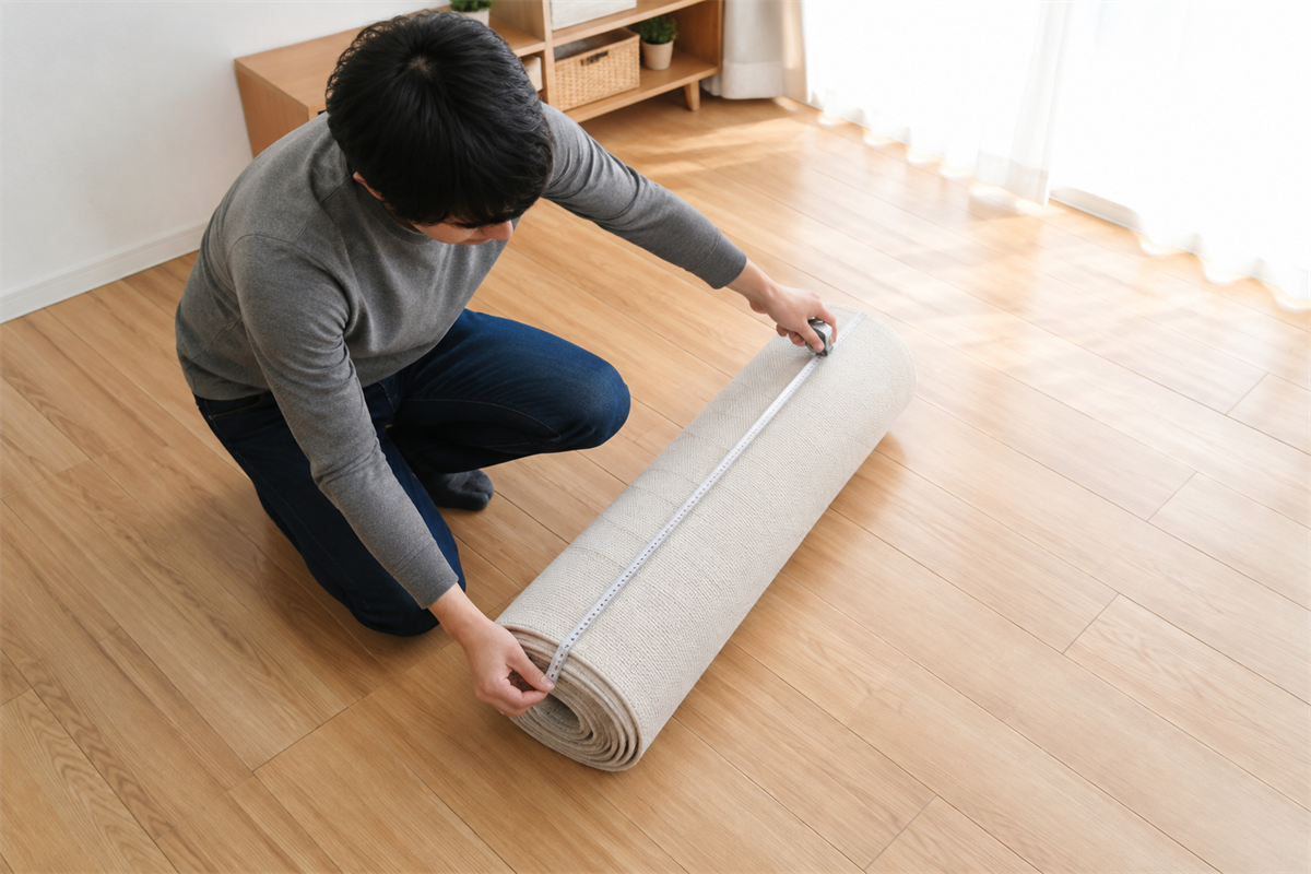 丸めたカーペットの大きさと粗大ごみの選択肢を確認する様子