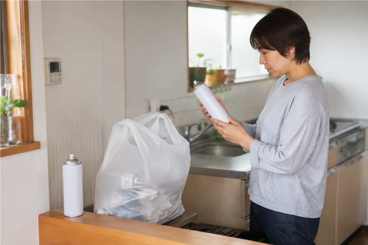 中身が残っているか判断できないスプレー缶を袋から分けて確認する様子