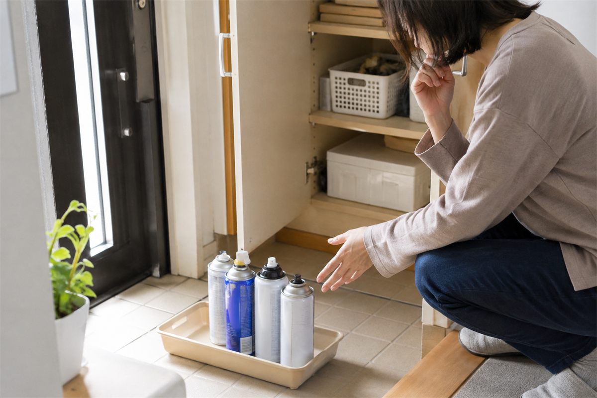 処分を迷ってトレーに分けられた中身の残るスプレー缶