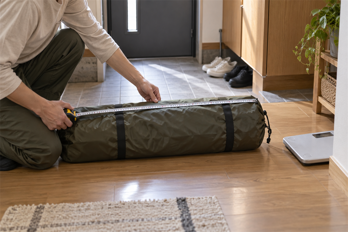 収納したキャンプ用テントの最長部をメジャーで測る様子