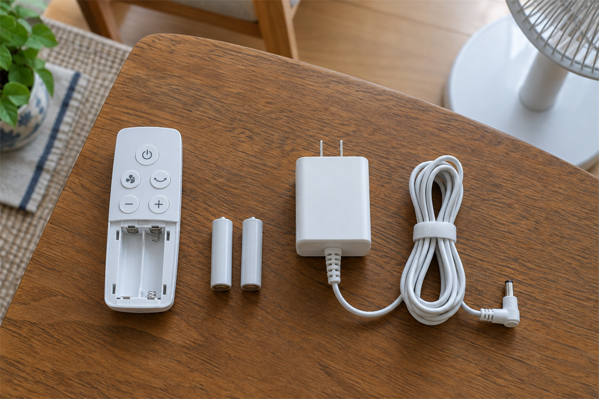 扇風機のリモコン用乾電池と電源コード、ACアダプター