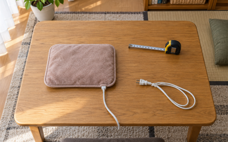 電気あんかと巻尺、電源プラグを並べた処分前の確認イメージ