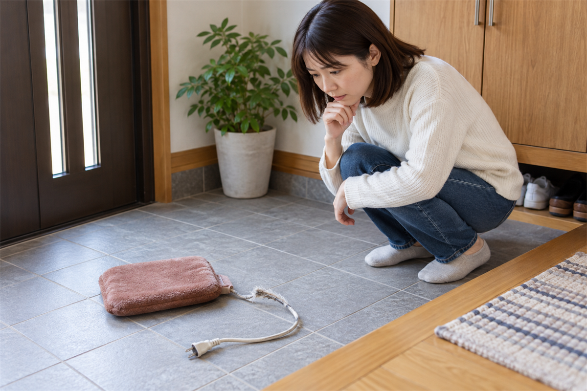 電気あんかのコードと本体に破損がないか確認する様子