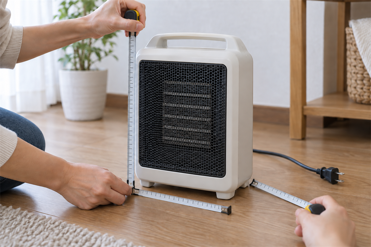 脚や取っ手を含めてセラミックファンヒーターの3辺を測る様子