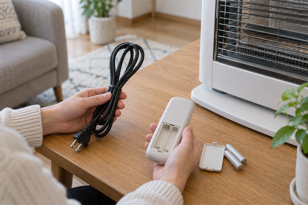 電気ストーブのコードとリモコンの電池を確認する様子