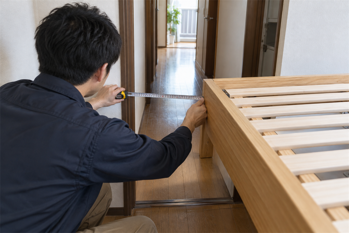 電動ベッドの搬出経路にあるドア開口部を測る様子