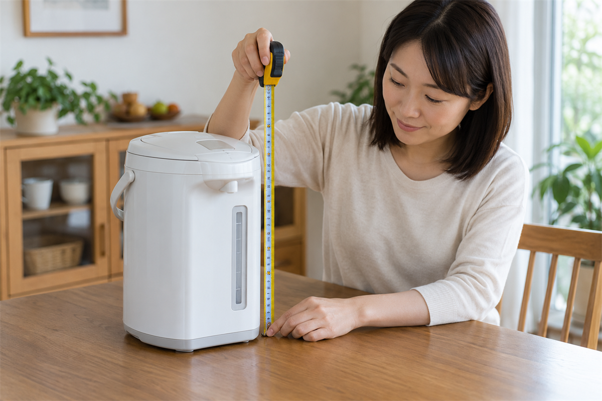 ふたを閉じた電気ポットの高さと幅を巻尺で測る様子
