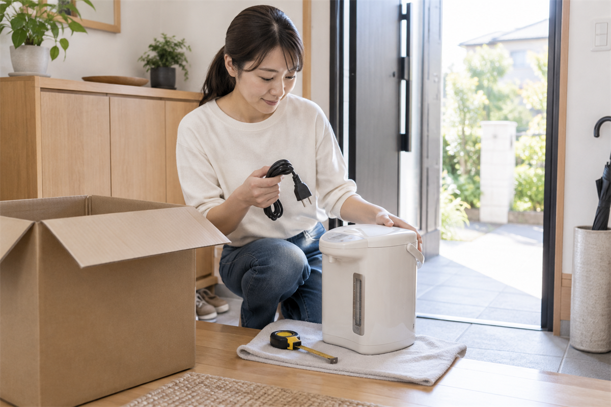 電気ポットとコード、巻尺を玄関で持ち出し前に確認する様子