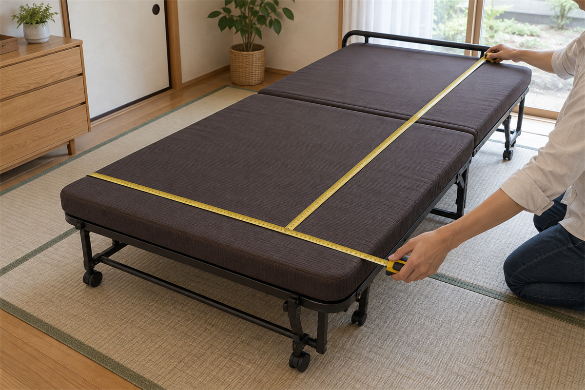 広げた折りたたみベッドの幅と長さを測る様子