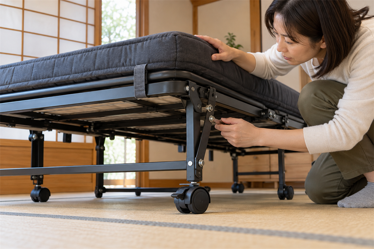 折りたたみベッドのマット固定部分と金属フレーム、キャスター