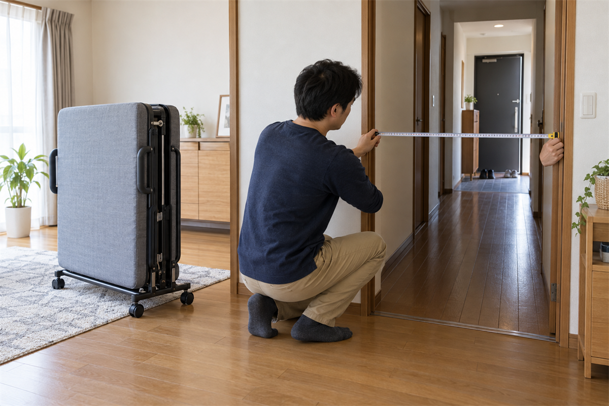 折り畳んだベッドと玄関までの搬出経路を測る様子