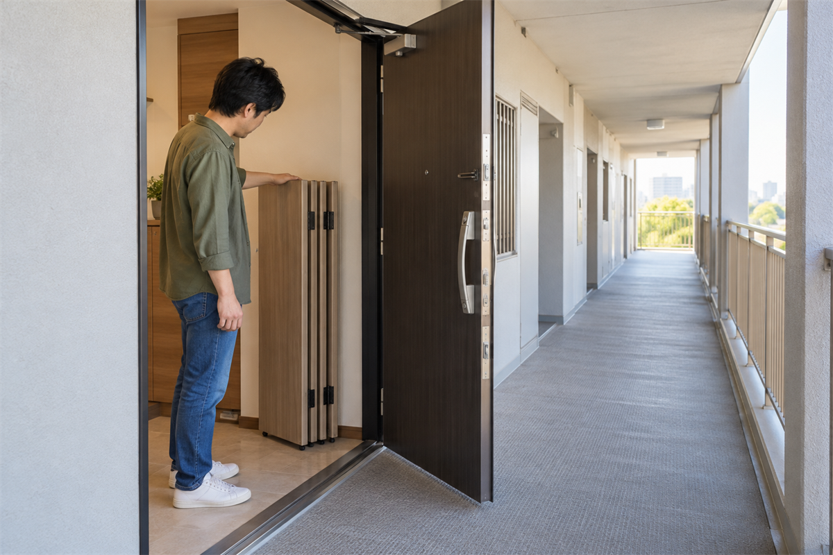 折りたたんだパーテーションと玄関の搬出経路を確認する様子