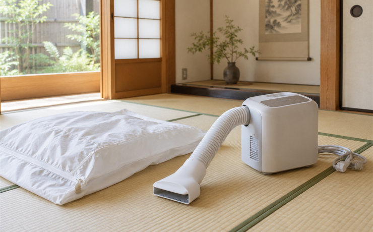 布団乾燥機の本体とホース、ノズル、コード、衣類乾燥用袋を並べた様子