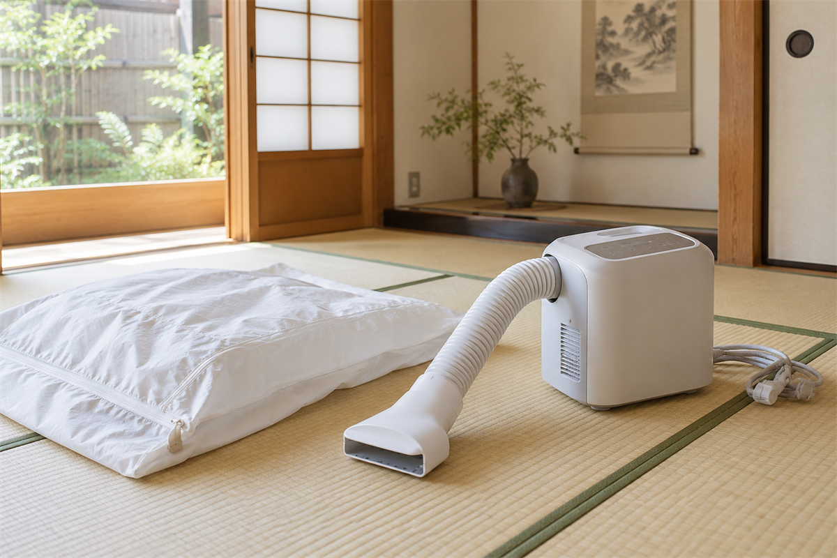 布団乾燥機の本体とホース、ノズル、コード、衣類乾燥用袋を並べた様子