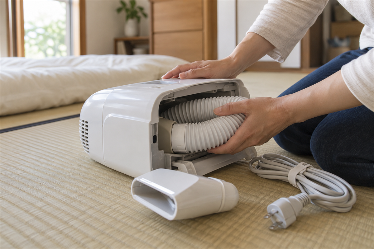 布団乾燥機のホースを本体の収納部へ戻している様子