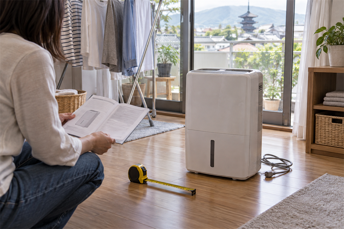京都市の住宅で家庭用除湿機の処分準備をする様子