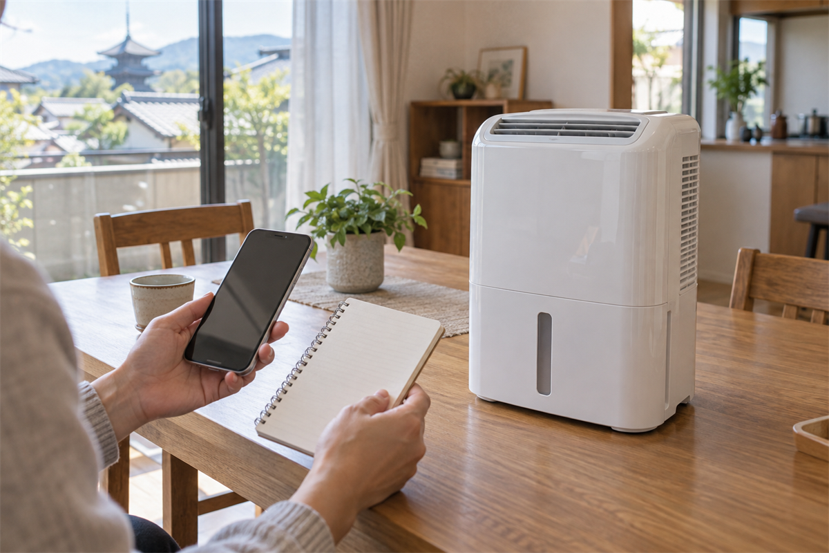 除湿機の確認事項をスマートフォンとメモで照合する様子