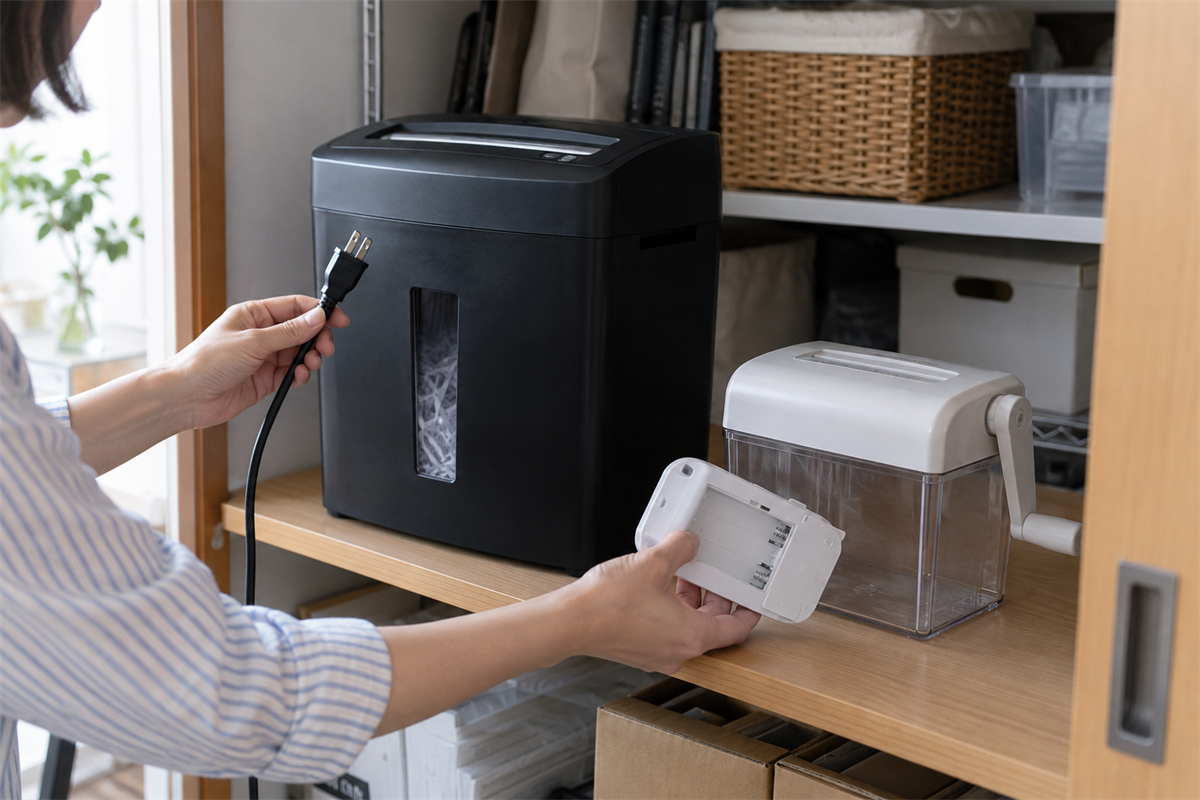電動式と手動式のシュレッダーで電源と電池の有無を確認する様子