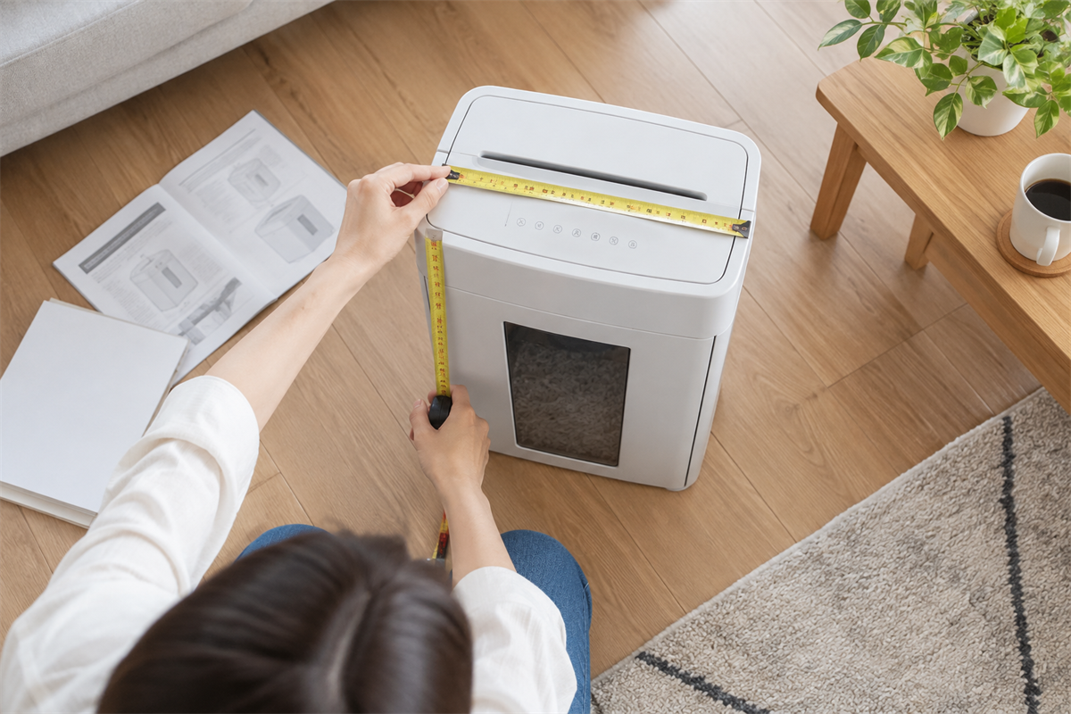 紙受けを取り付けた家庭用シュレッダーの外寸を測る様子