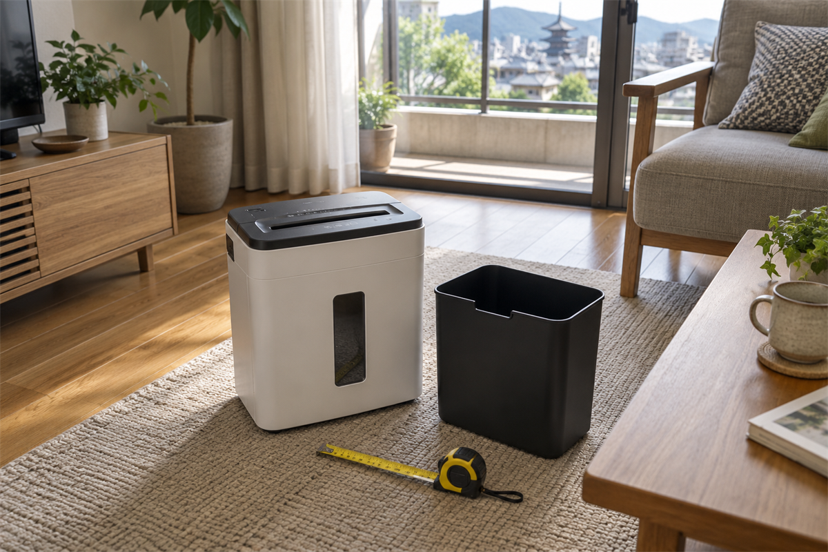 京都市で処分前に家庭用シュレッダーの本体と付属部分を確認する様子