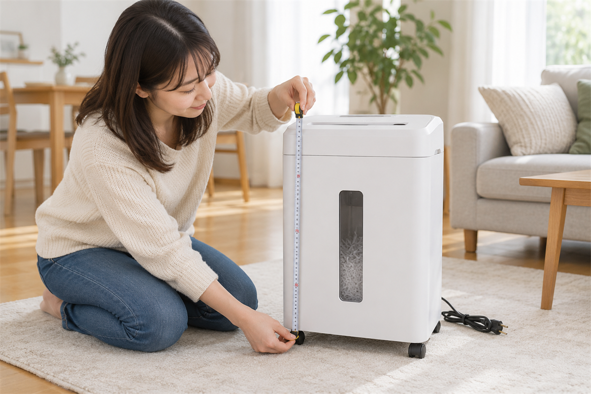 ふたを閉じた家庭用シュレッダーの外形3辺を測る様子