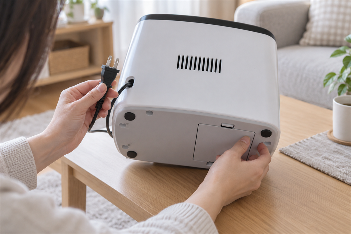 家庭用シュレッダーの電源コードと取り外せる電池の有無を確認する様子