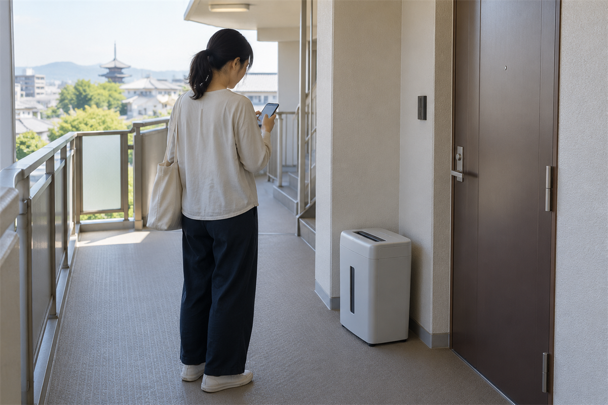回収方法を決めるため玄関で家庭用シュレッダーを確認する様子