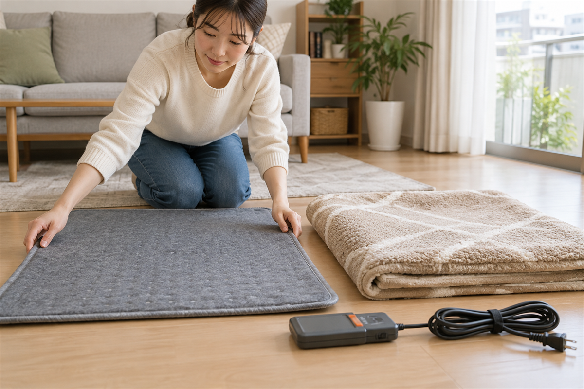 ホットカーペットの本体、カバー、コントローラー、コードを分けて確認する様子