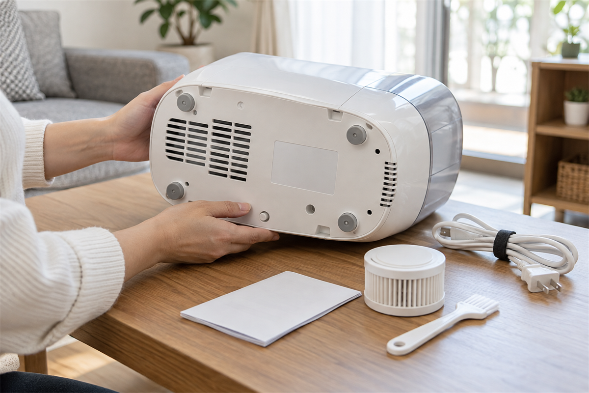 加湿器本体の方式と型番表示、付属品を確かめる様子