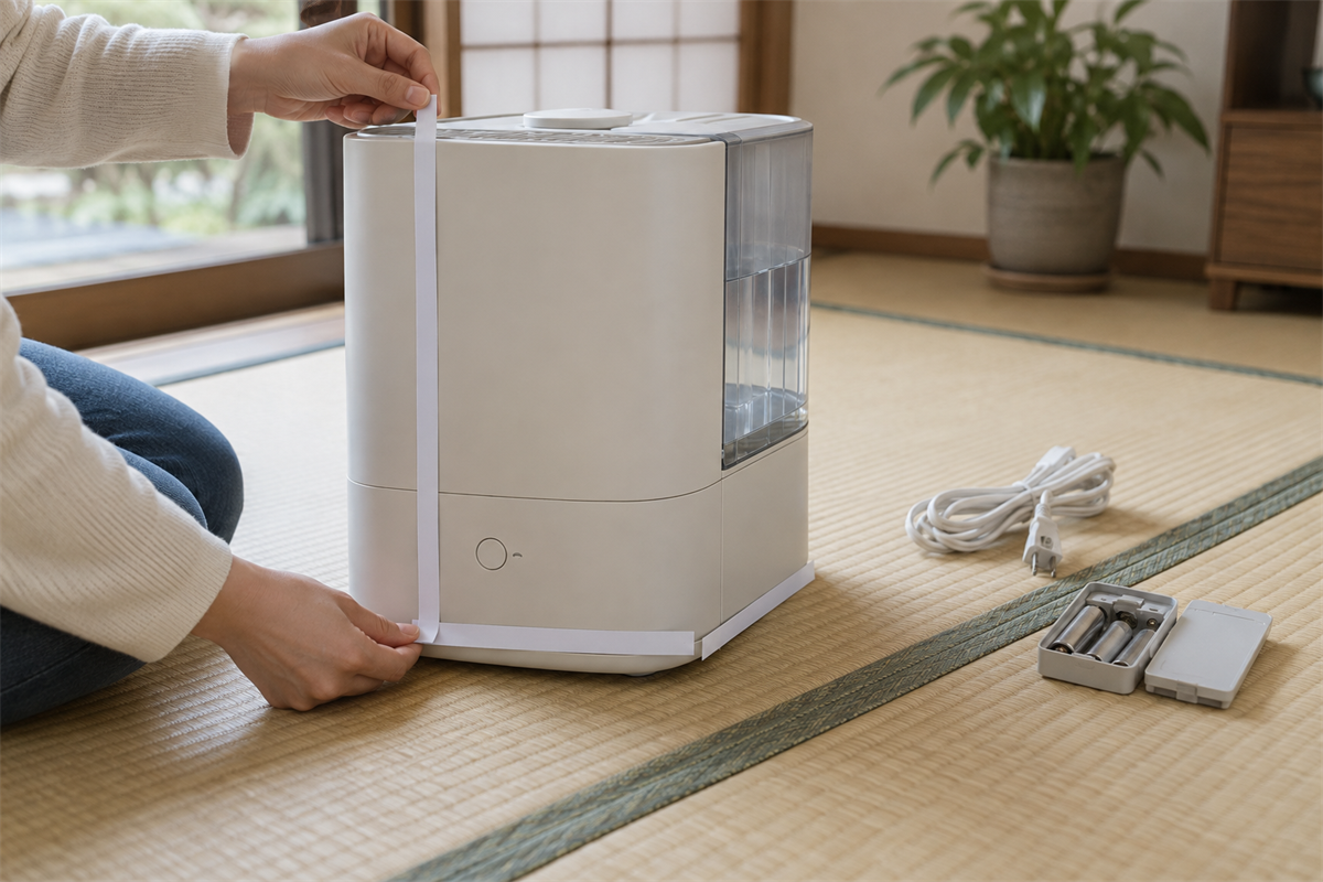 加湿器の外寸を測り電池と電源コードを確認する様子