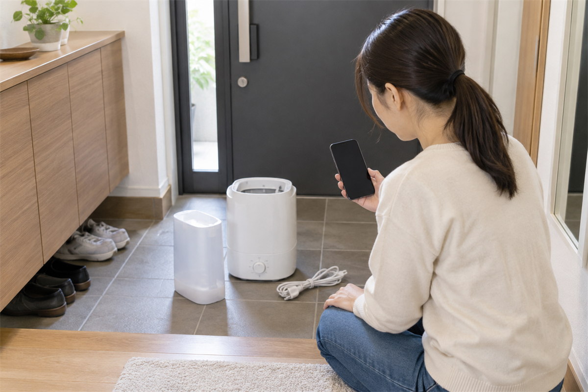玄関で加湿器の写真と寸法をそろえて回収相談に備える様子