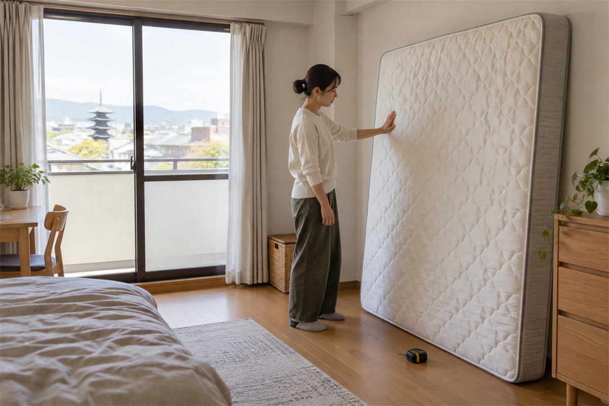 京都市の住宅でマットレスの処分前確認をする様子