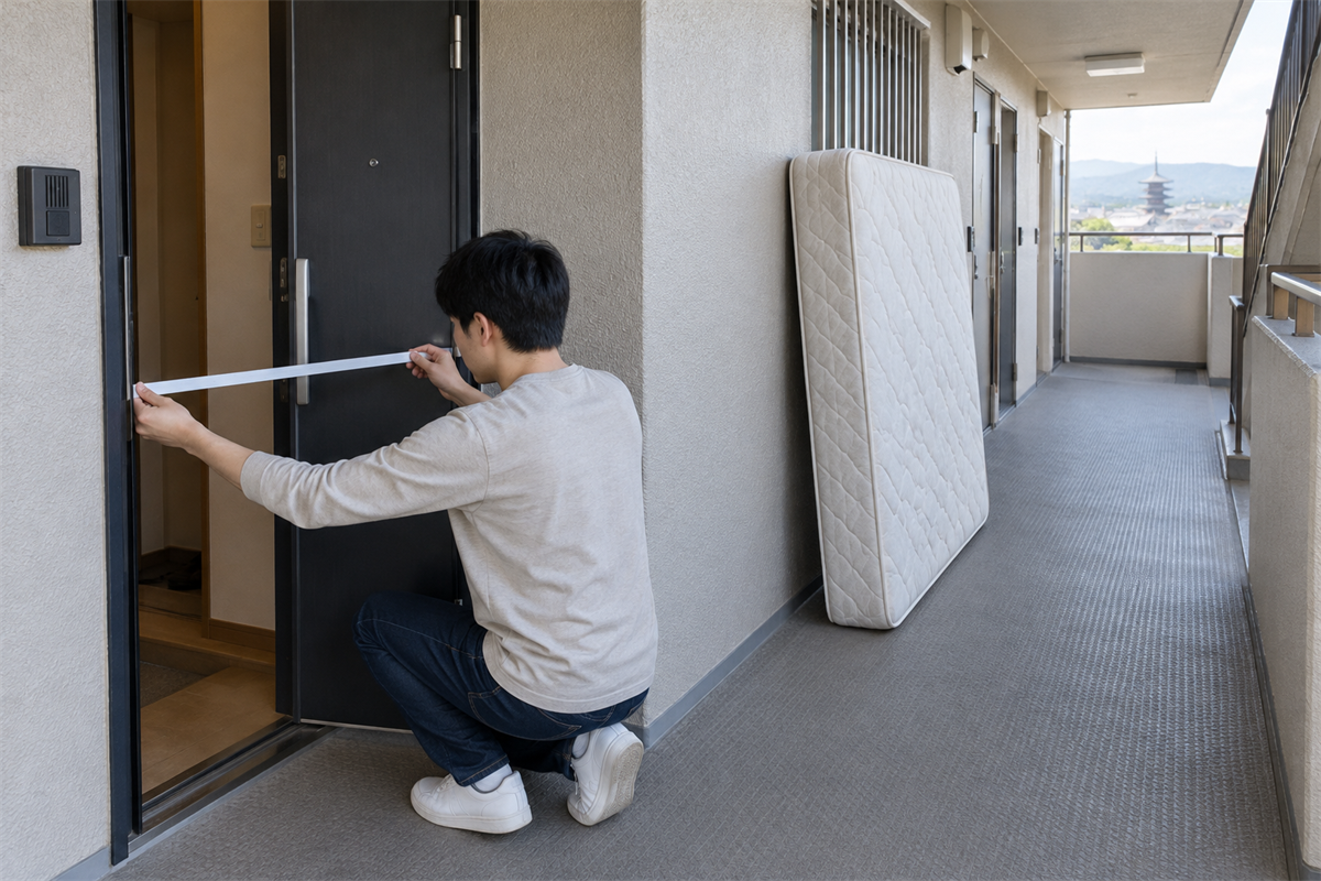 マットレスの搬出前に玄関の幅を測る様子